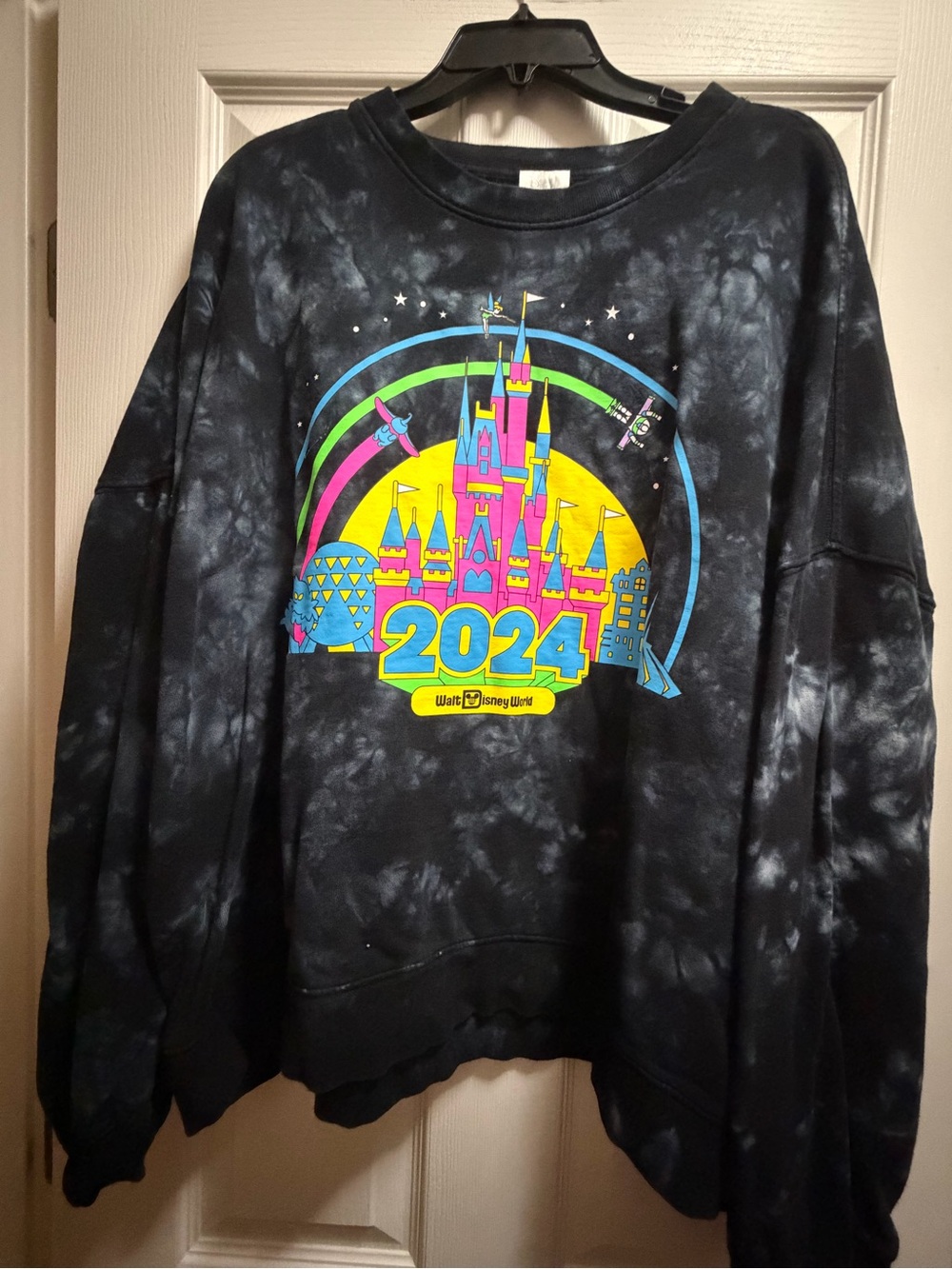 Disney Black Tie-Dye Castle Crewneck with Neon Print